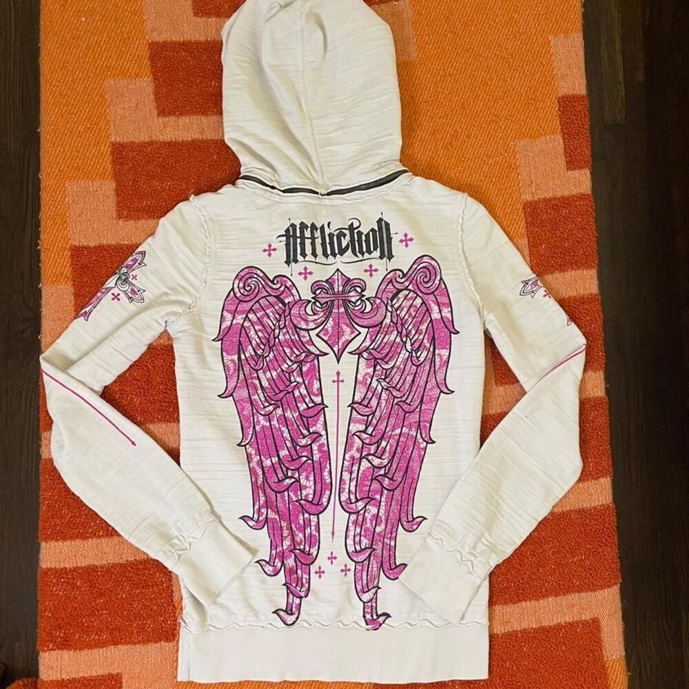 Affliction White Hoodie Pullover Lightweight Pink Angel Wings XS - Picture 2 of 6